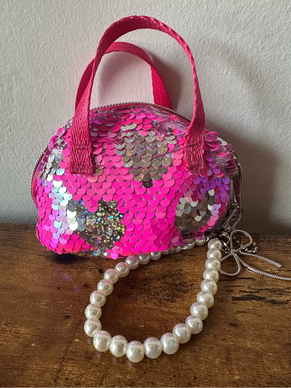 Pink Sequin Mini Tote Bag Charm Keychain with Pearl Strap and Sequins NWOT